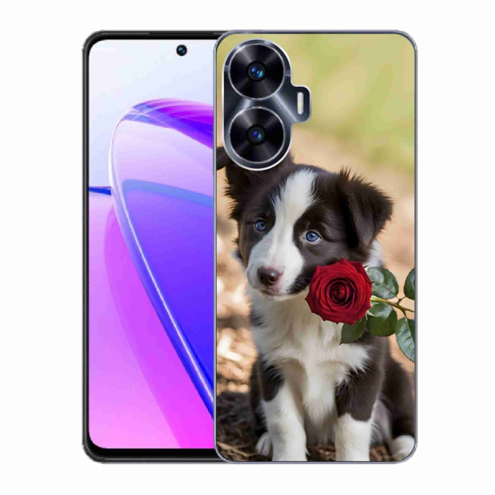 Gelový kryt mmCase na Realme C55 - roztomilá border kolie s růží