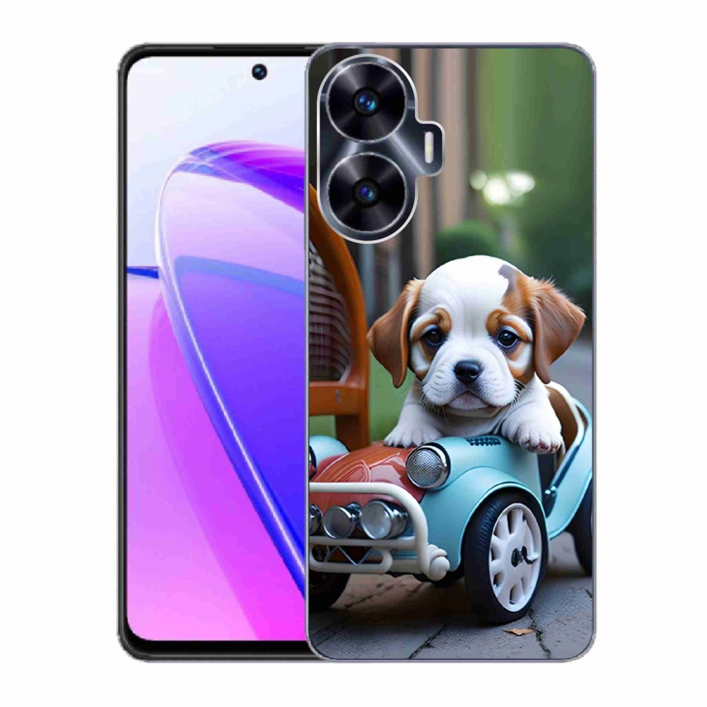 Gelový kryt mmCase na Realme C55 - štěně v retro autě