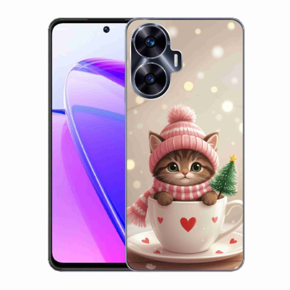 Gelový kryt mmCase na Realme C55 - vánoční kotě v hrnku