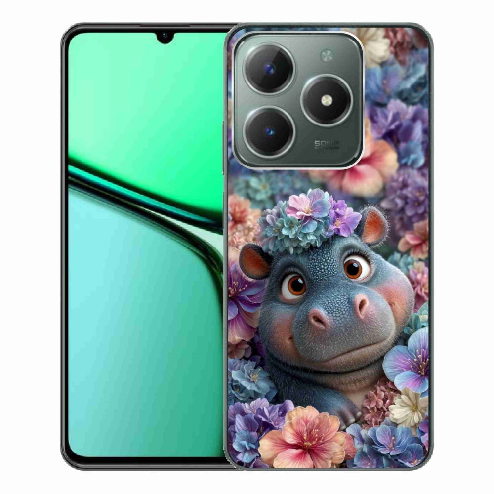 Gelový kryt mmCase na Realme C61 - hrošík v květinách