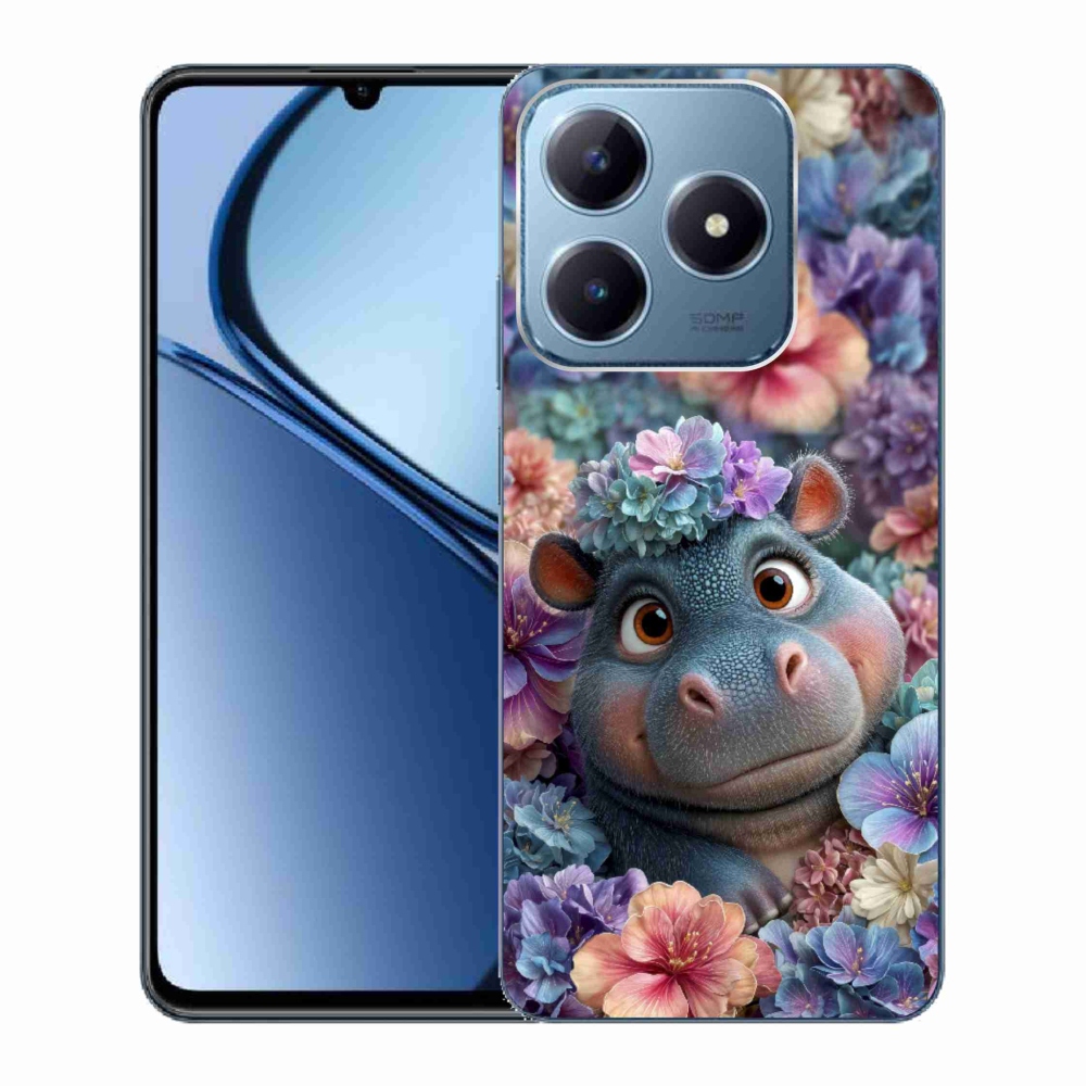 Gelový kryt mmCase na Realme C63 - hrošík v květinách