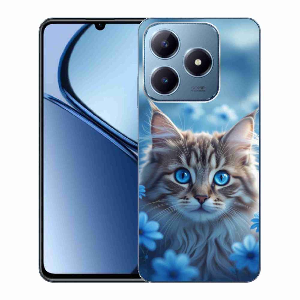 Gelový kryt mmCase na Realme C63 - koťátko v modrých květech