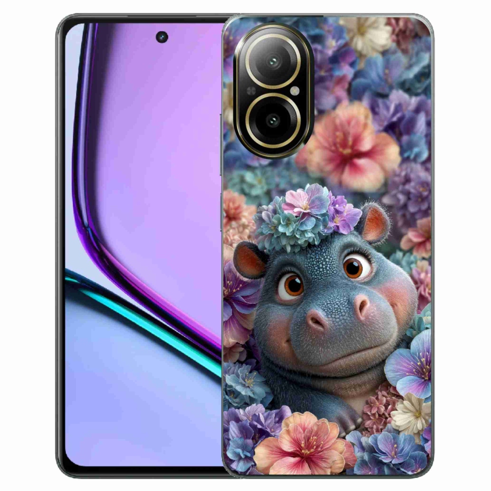 Gelový kryt mmCase na Realme C67 - hrošík v květinách