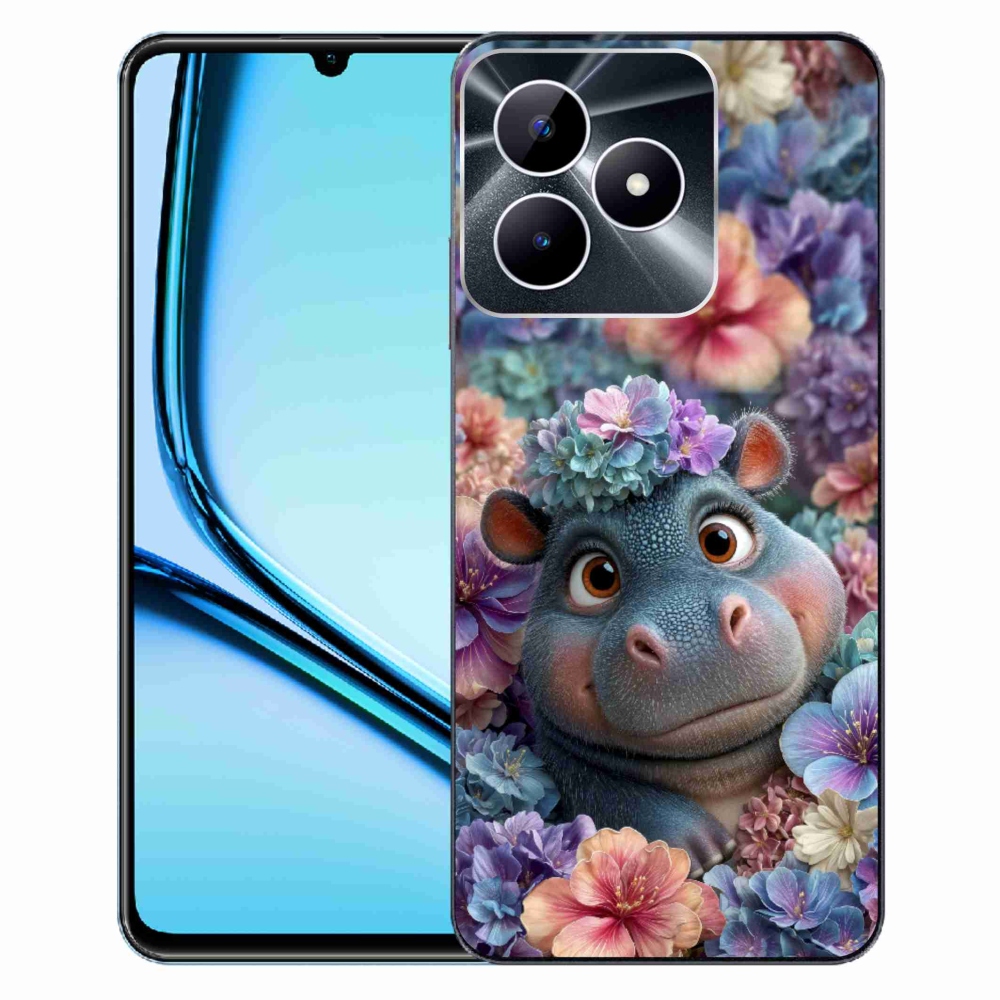 Gelový kryt mmCase na Realme Note 50 - hrošík v květinách