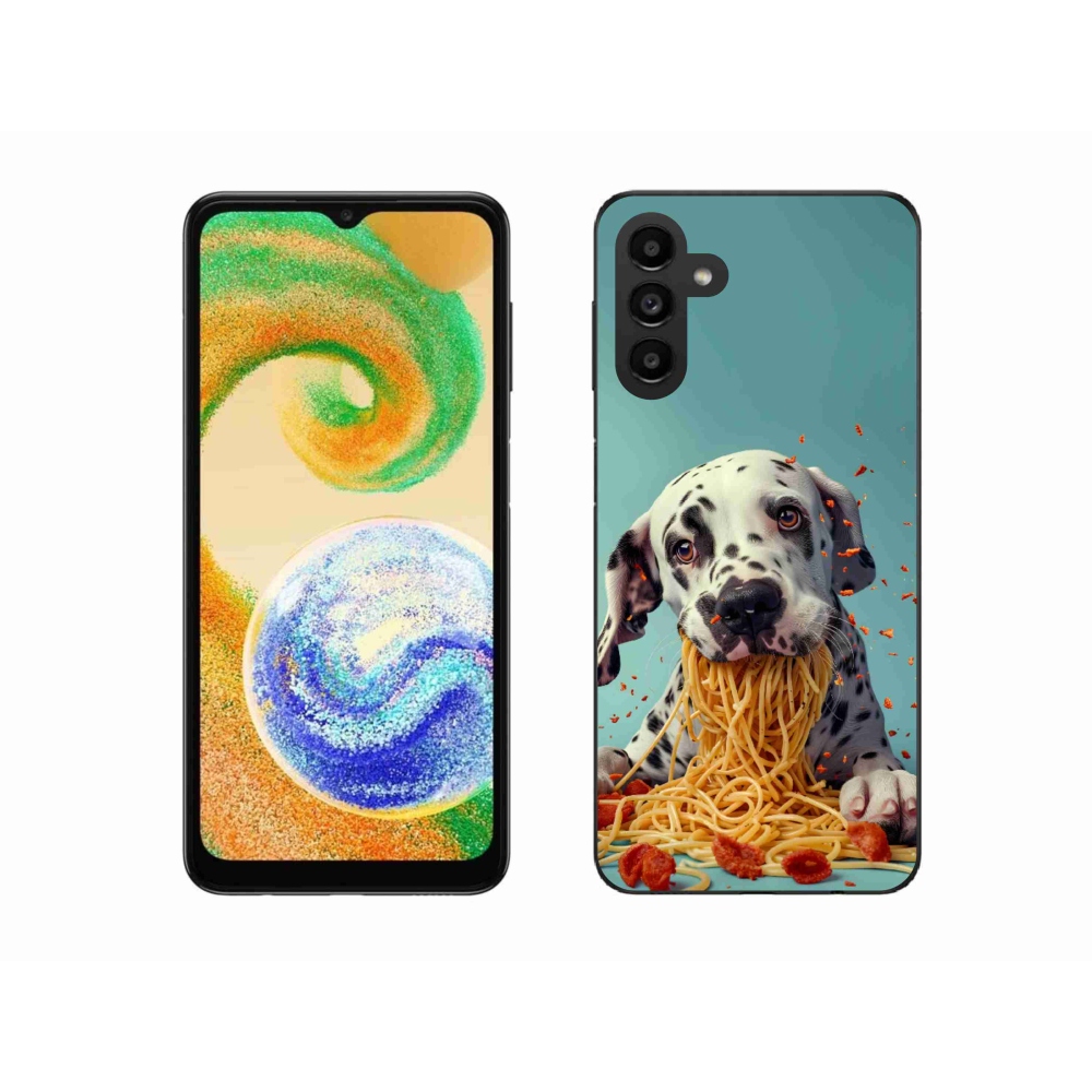 Gelový kryt mmCase na Samsung Galaxy A04s (164,7x76,7x9,1 mm) - dalmatin a špagety