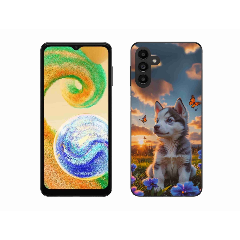 Gelový kryt mmCase na Samsung Galaxy A04s (164,7x76,7x9,1 mm) - husky při západu slunce