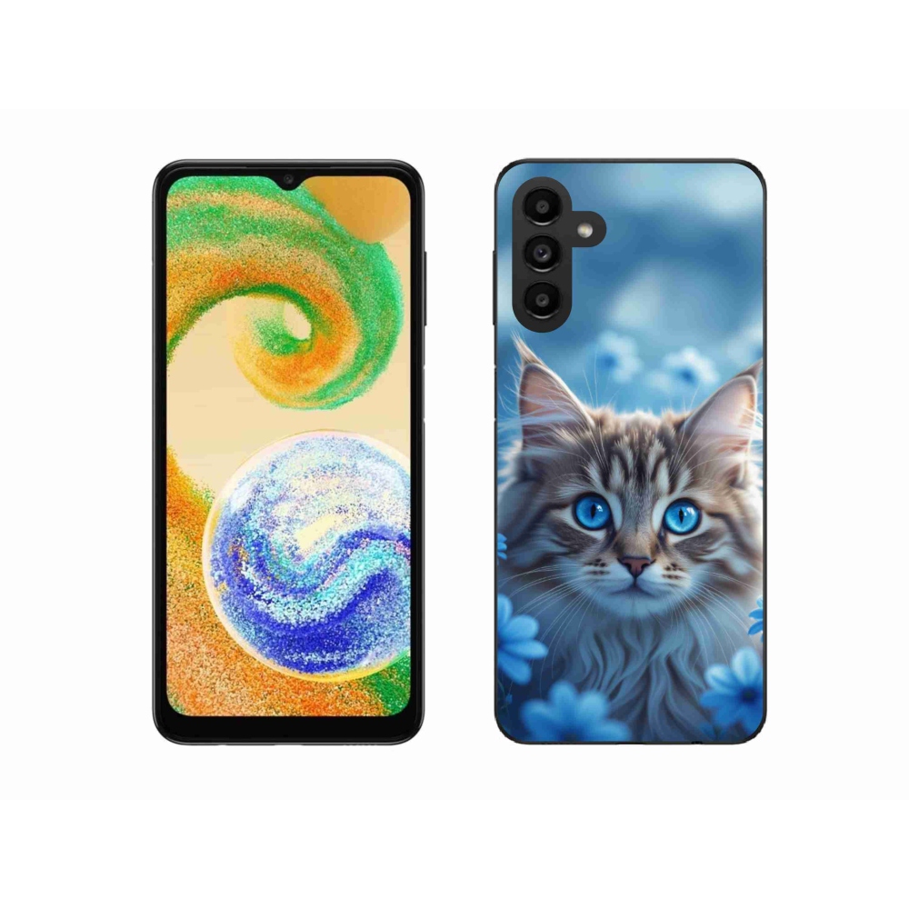 Gelový kryt mmCase na Samsung Galaxy A04s (164,7x76,7x9,1 mm) - koťátko v modrých květech