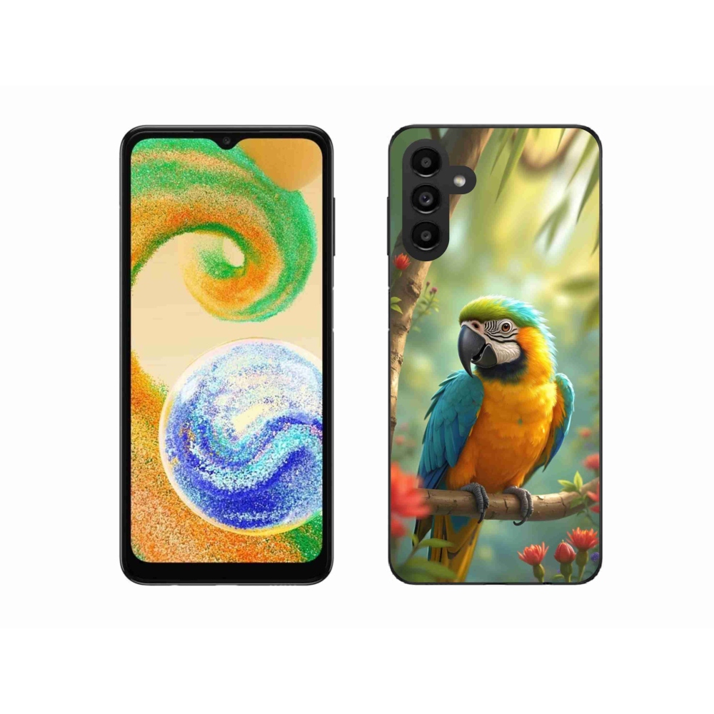 Gelový kryt mmCase na Samsung Galaxy A04s (164,7x76,7x9,1 mm) - papoušek ara modrožlutá