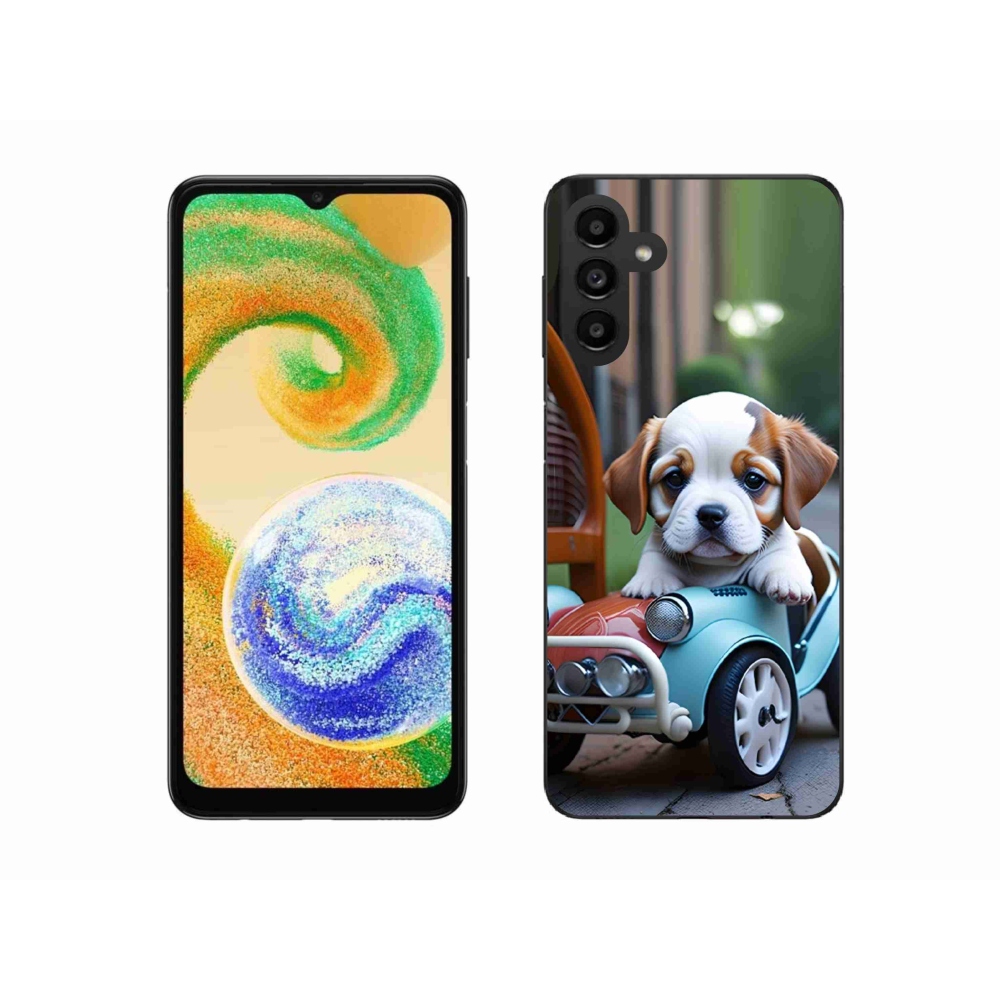 Gelový kryt mmCase na Samsung Galaxy A04s (164,7x76,7x9,1 mm) - štěně v retro autě