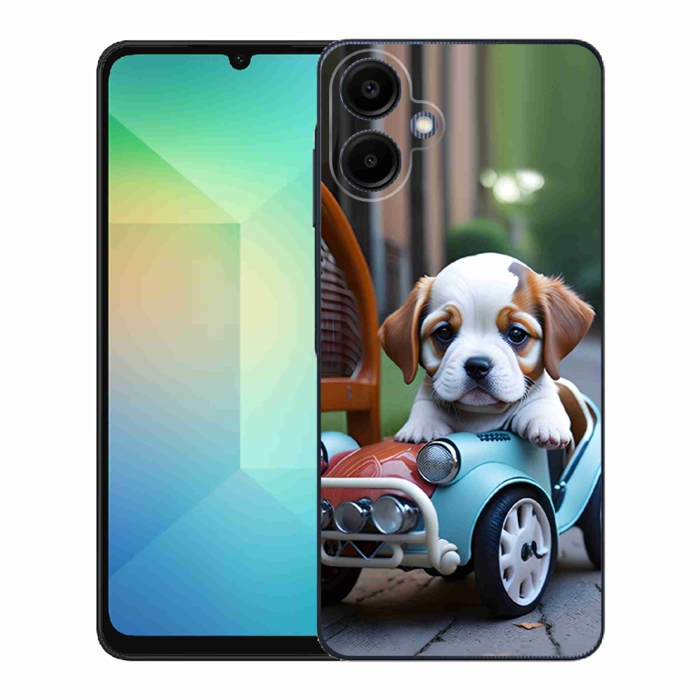 Gelový kryt mmCase na Samsung Galaxy A06 - štěně v retro autě
