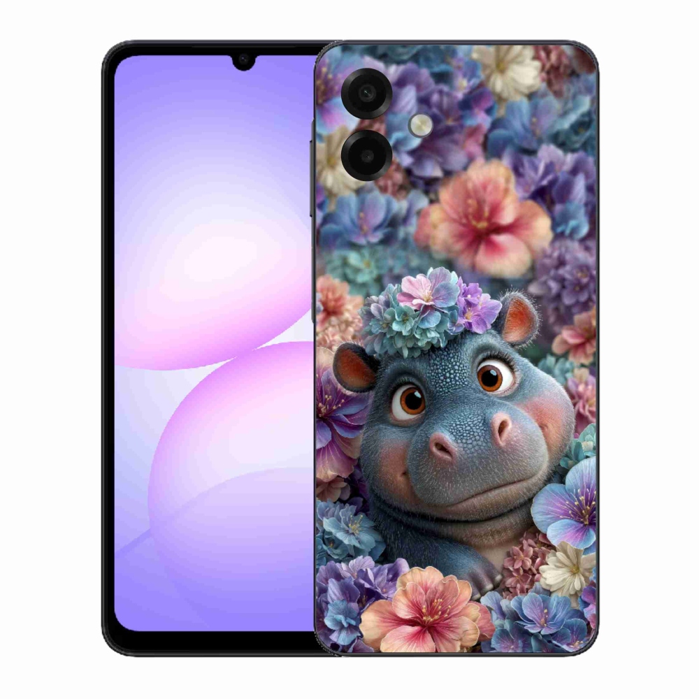 Gelový kryt mmCase na Samsung Galaxy A07 - hrošík v květinách