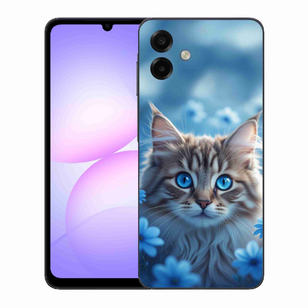 Gelový kryt mmCase na Samsung Galaxy A07 - koťátko v modrých květech