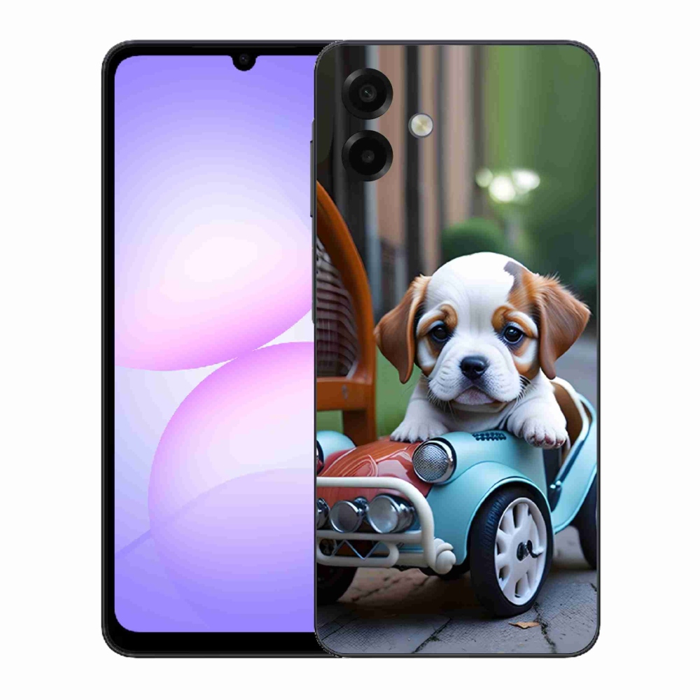 Gelový kryt mmCase na Samsung Galaxy A07 - štěně v retro autě