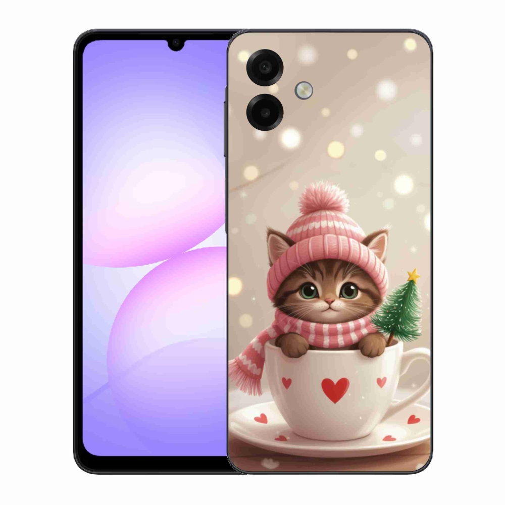 Gelový kryt mmCase na Samsung Galaxy A07 - vánoční kotě v hrnku