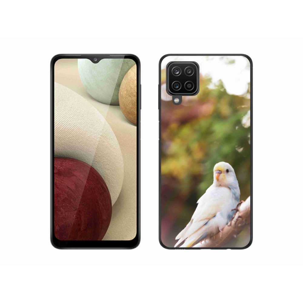 Gelový kryt mmCase na Samsung Galaxy A12 - papoušek andulka bílá