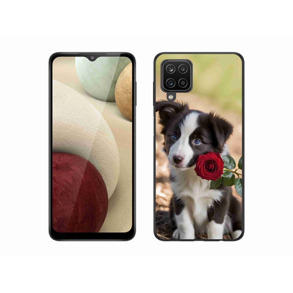 Gelový kryt mmCase na Samsung Galaxy A12 - roztomilá border kolie s růží