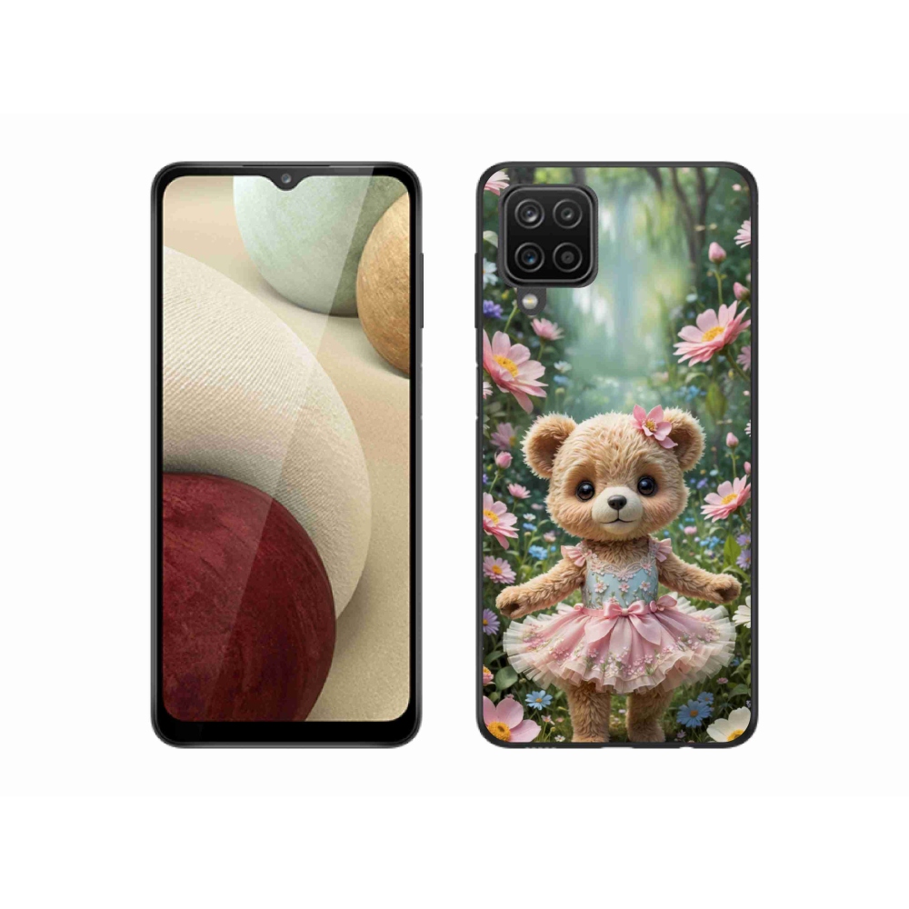 Gelový kryt mmCase na Samsung Galaxy A12 - roztomilý medvídek v květinách