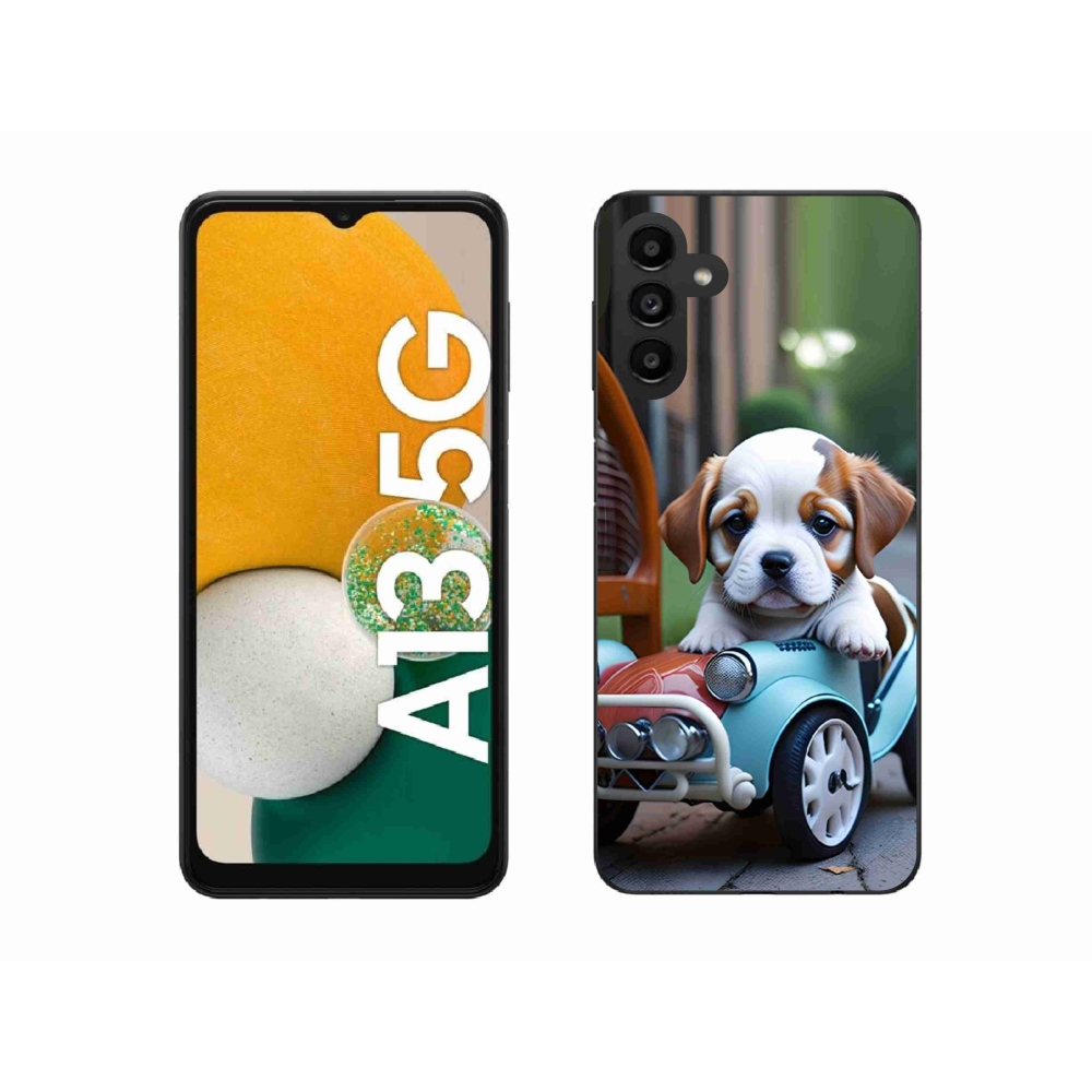 Gelový kryt mmCase na Samsung Galaxy A13 5G - štěně v retro autě