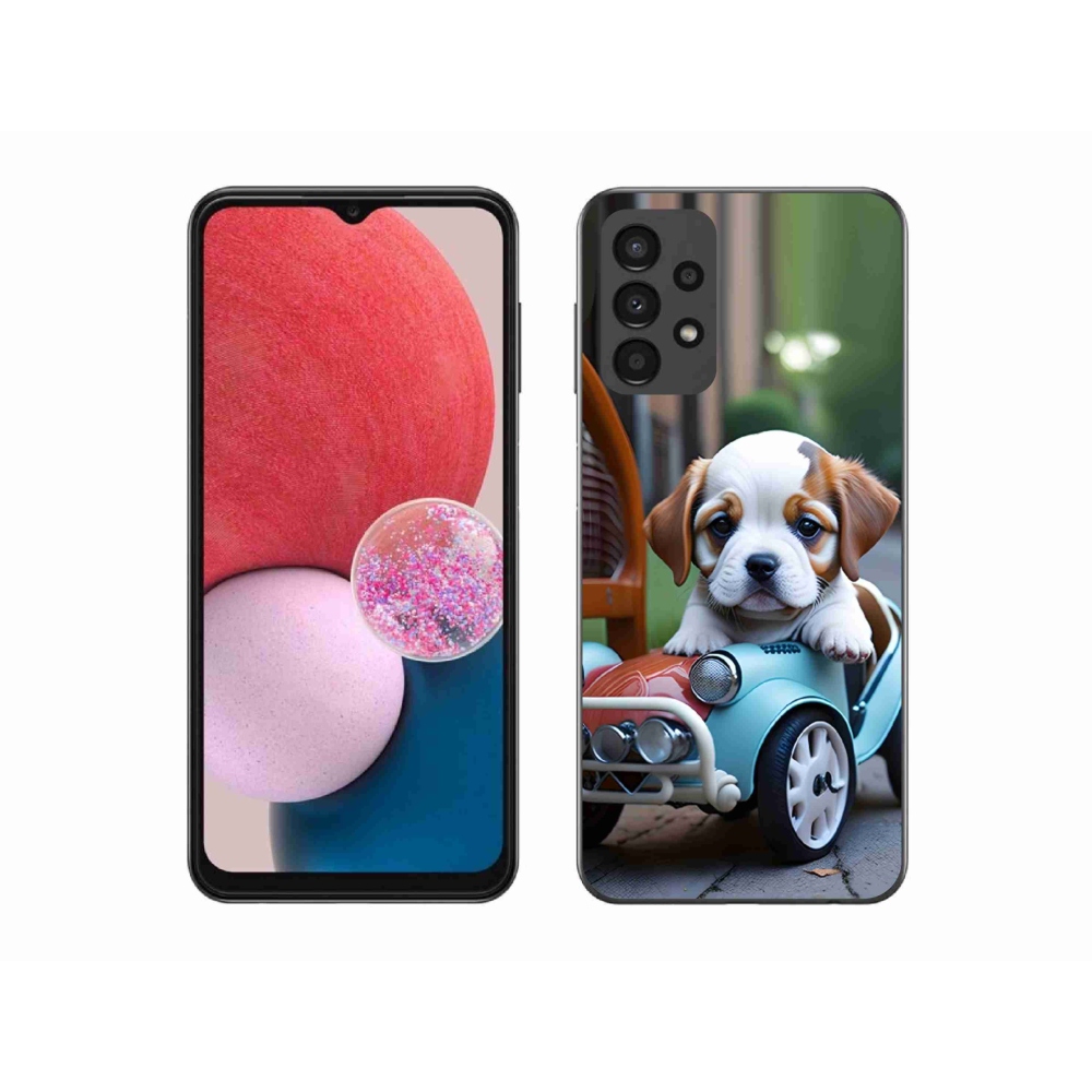 Gelový kryt mmCase na Samsung Galaxy A13 - štěně v retro autě