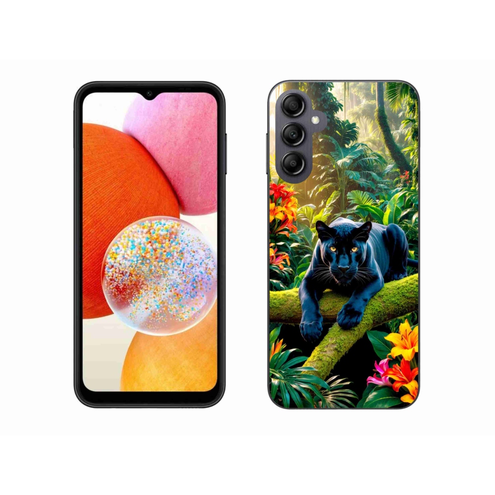 Gelový kryt mmCase na Samsung Galaxy A14 4G/5G - černý panter v džungli