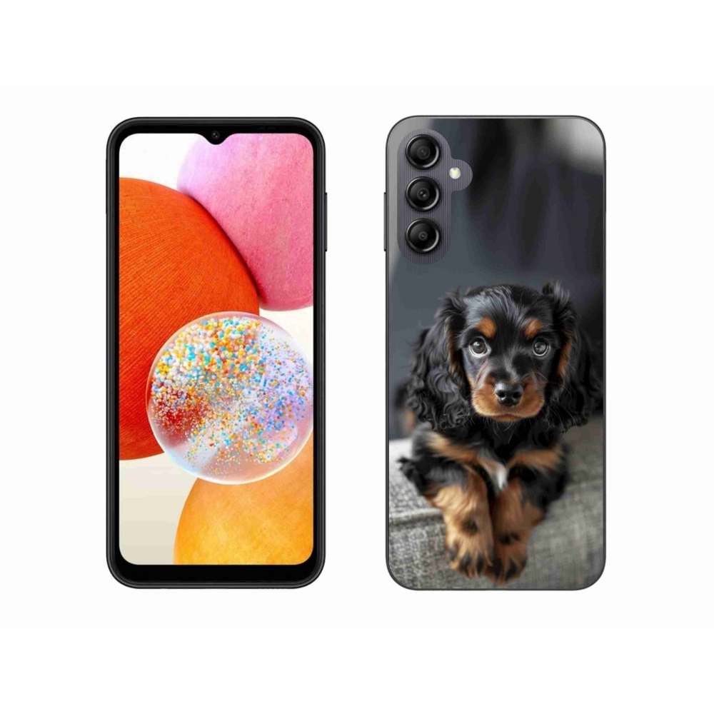 Gelový kryt mmCase na Samsung Galaxy A14 4G/5G - roztomilý dlouhosrstý jezevčík