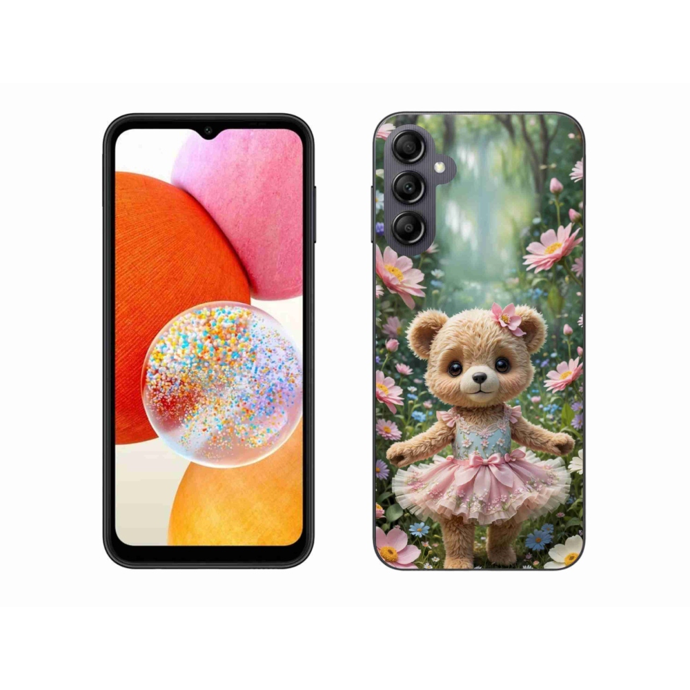 Gelový kryt mmCase na Samsung Galaxy A14 4G/5G - roztomilý medvídek v květinách