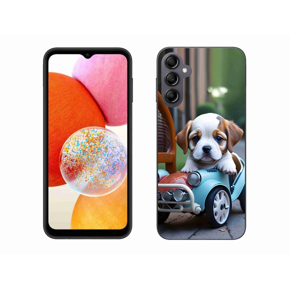 Gelový kryt mmCase na Samsung Galaxy A14 4G/5G - štěně v retro autě