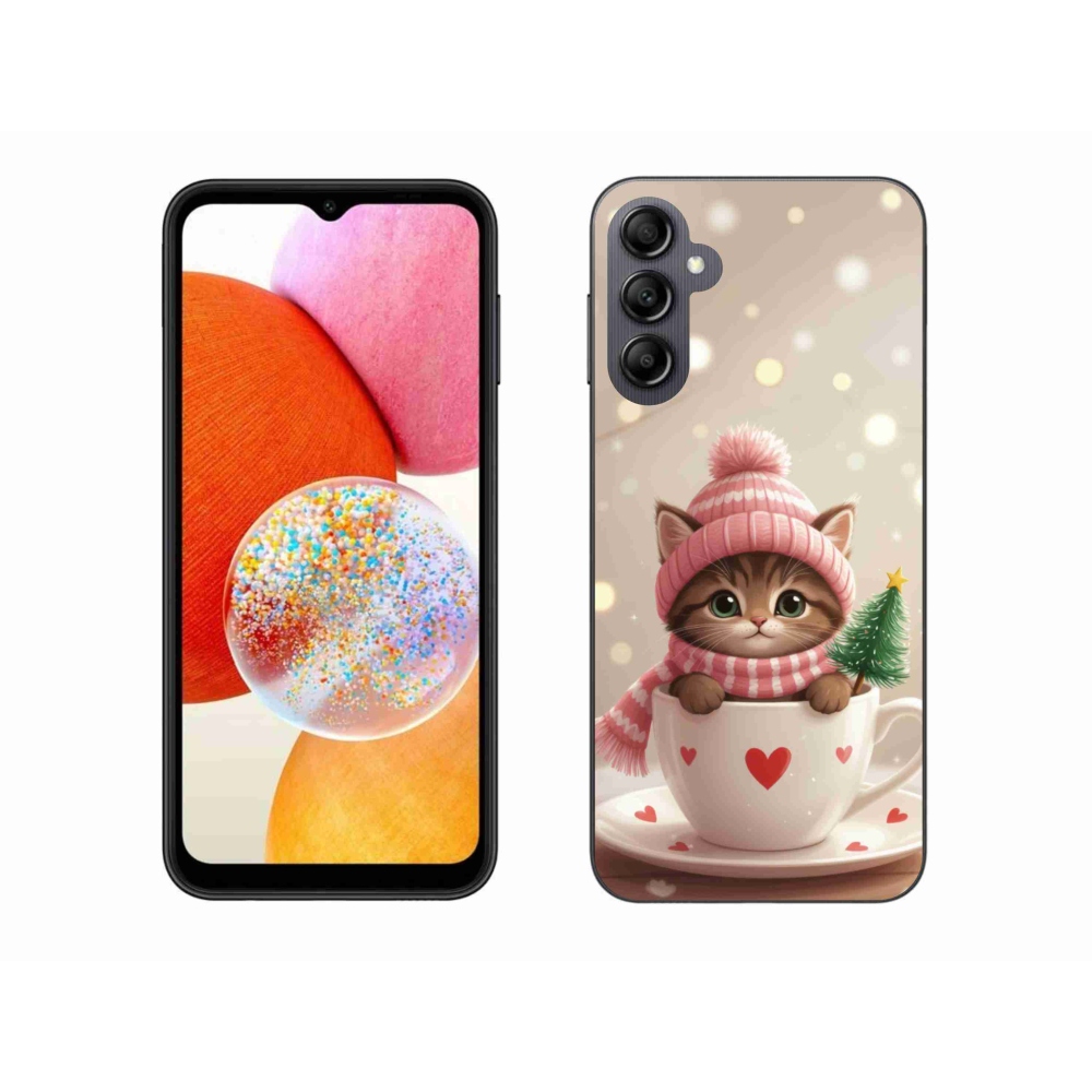 Gelový kryt mmCase na Samsung Galaxy A14 4G/5G - vánoční kotě v hrnku