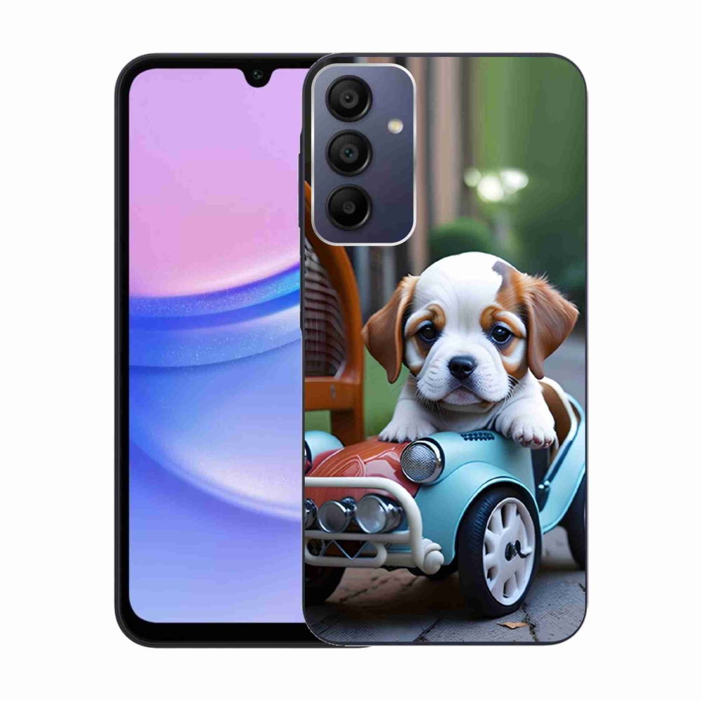 Gelový kryt mmCase na Samsung Galaxy A15 4G/5G - štěně v retro autě