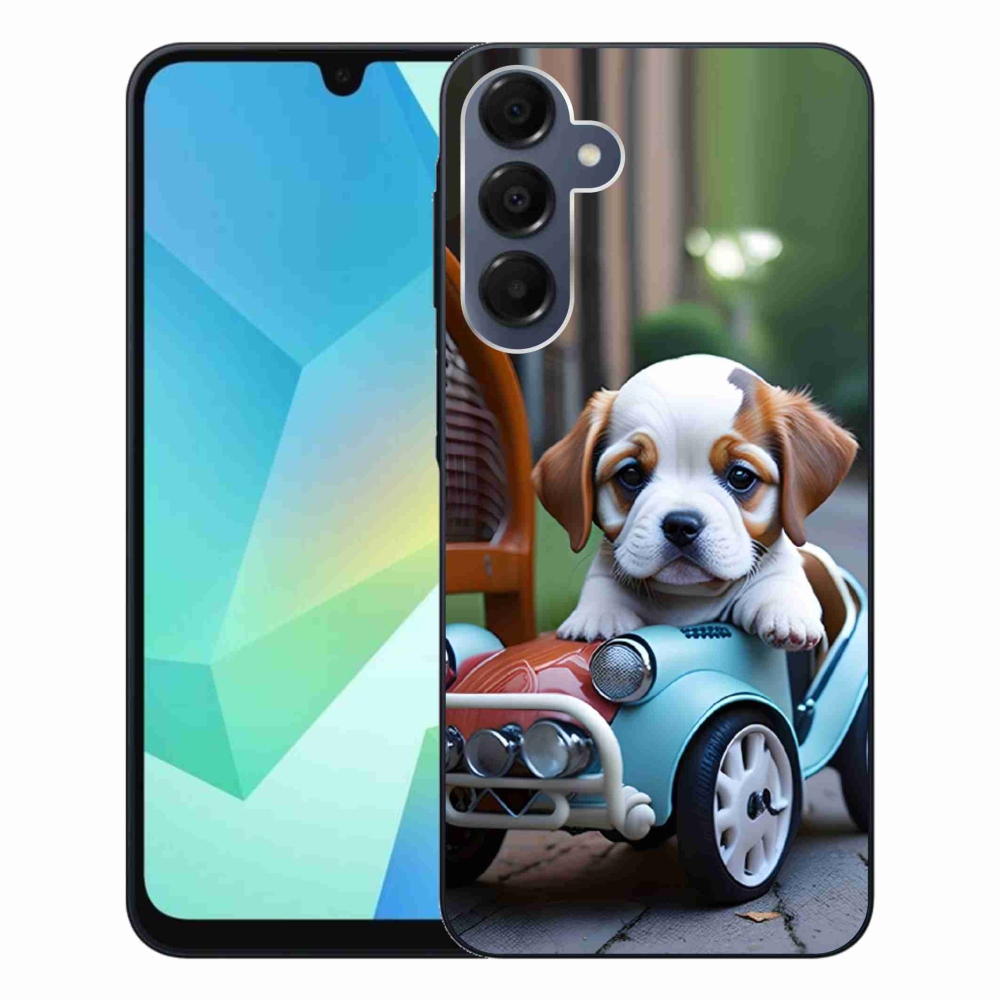 Gelový kryt mmCase na Samsung Galaxy A16 4G/5G - štěně v retro autě