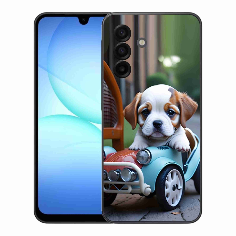 Gelový kryt mmCase na Samsung Galaxy A17 4G/5G - štěně v retro autě