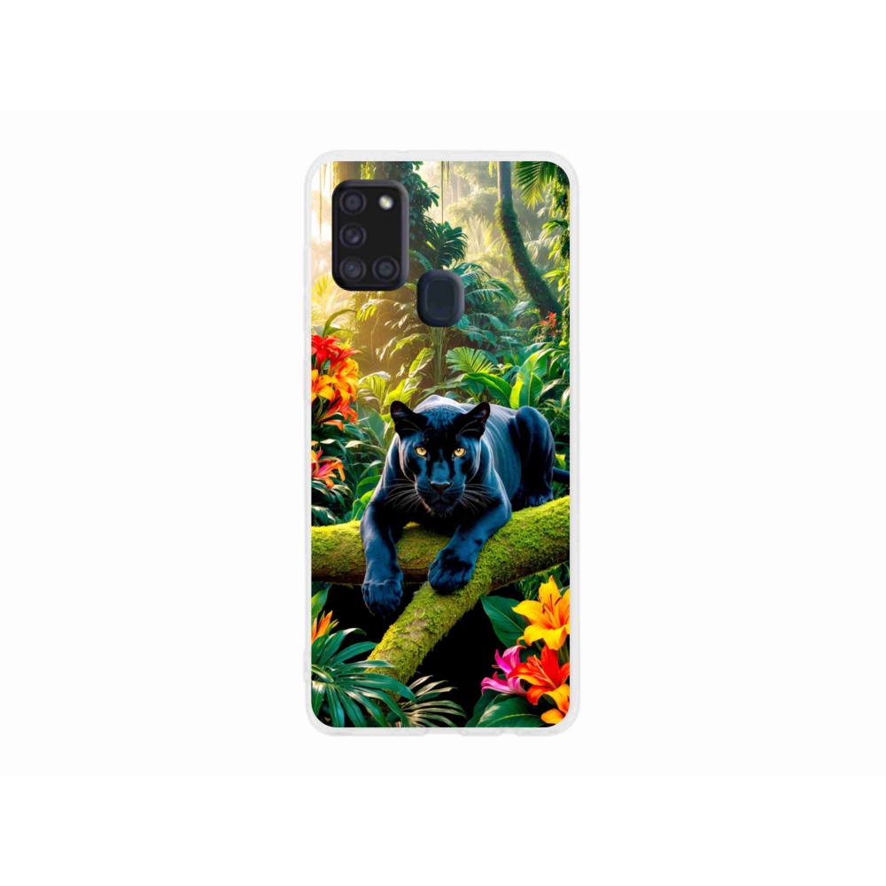 Gelový kryt mmCase na Samsung Galaxy A21s - černý panter v džungli
