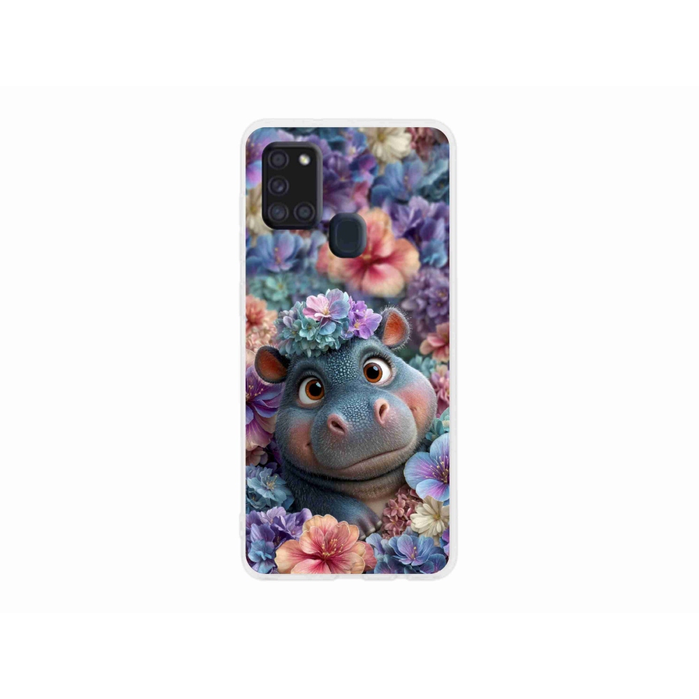 Gelový kryt mmCase na Samsung Galaxy A21s - hrošík v květinách