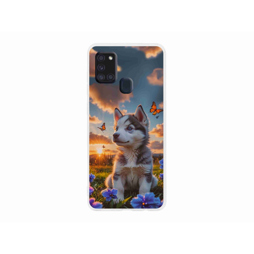 Gelový kryt mmCase na Samsung Galaxy A21s - husky při západu slunce