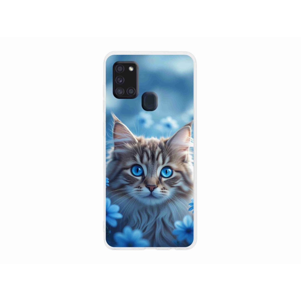 Gelový kryt mmCase na Samsung Galaxy A21s - koťátko v modrých květech