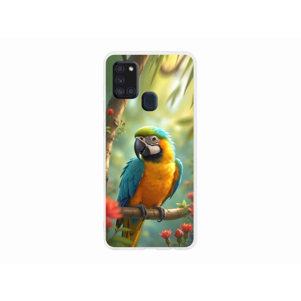 Gelový kryt mmCase na Samsung Galaxy A21s - papoušek ara modrožlutá