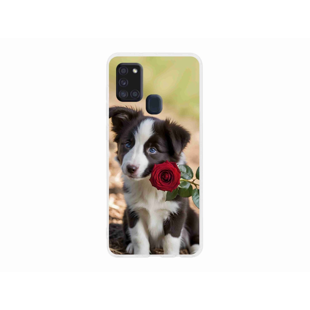 Gelový kryt mmCase na Samsung Galaxy A21s - roztomilá border kolie s růží