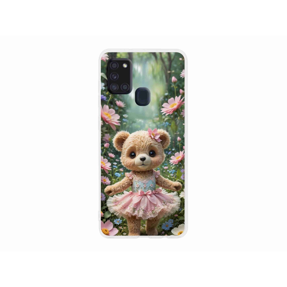 Gelový kryt mmCase na Samsung Galaxy A21s - roztomilý medvídek v květinách