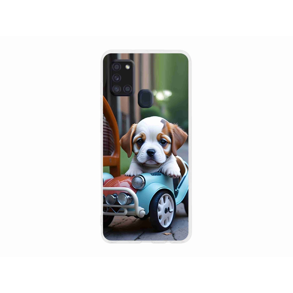 Gelový kryt mmCase na Samsung Galaxy A21s - štěně v retro autě