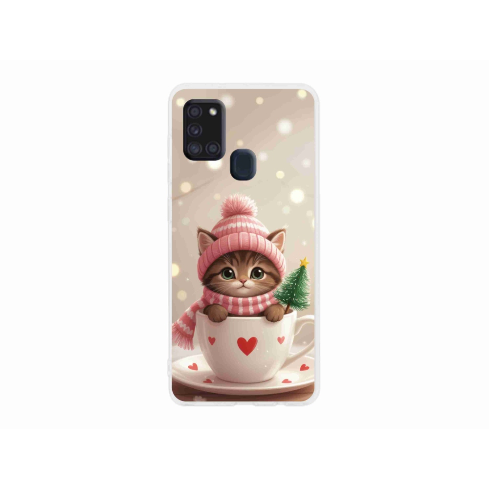 Gelový kryt mmCase na Samsung Galaxy A21s - vánoční kotě v hrnku