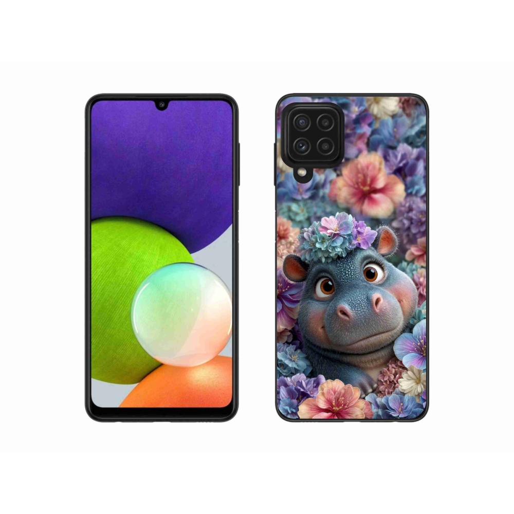 Gelový kryt mmCase na Samsung Galaxy A22 4G - hrošík v květinách