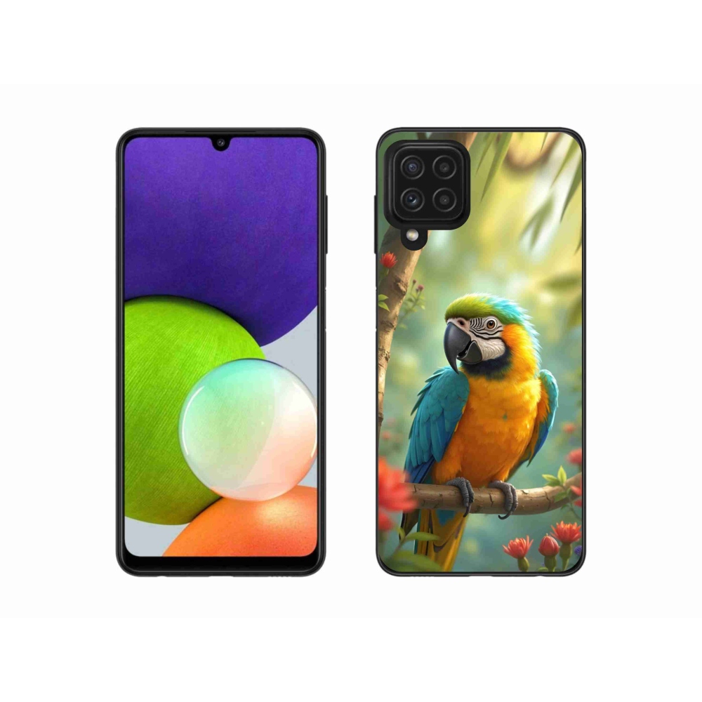 Gelový kryt mmCase na Samsung Galaxy A22 4G - papoušek ara modrožlutá