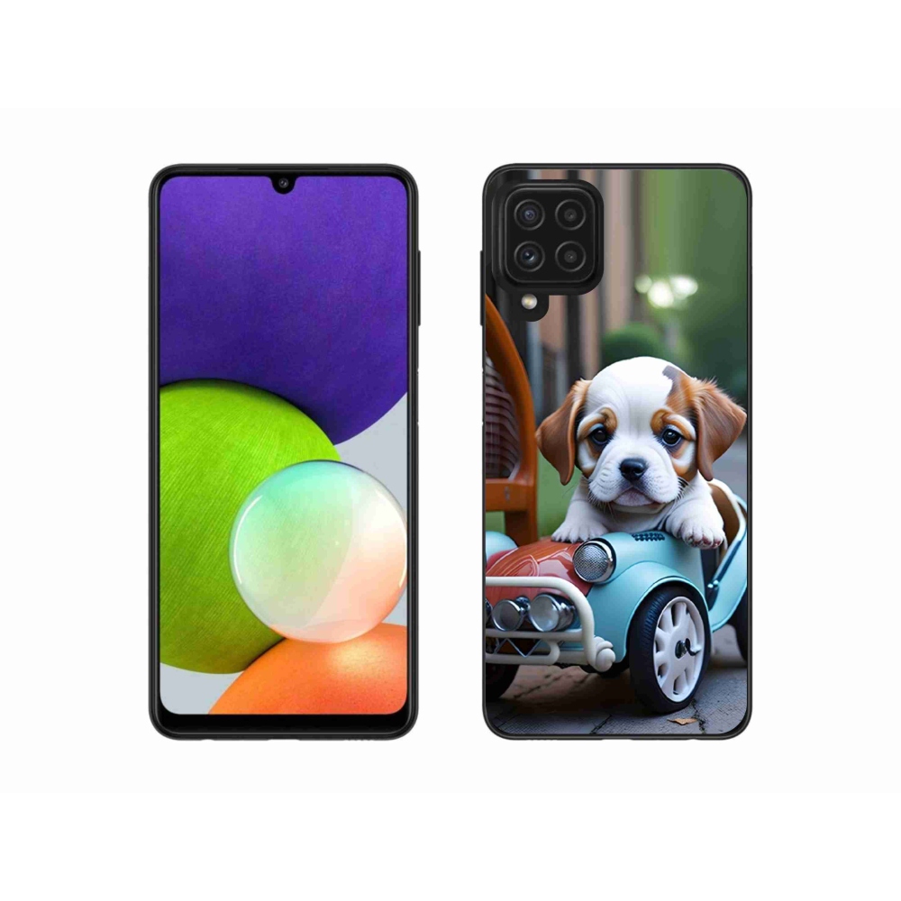 Gelový kryt mmCase na Samsung Galaxy A22 4G - štěně v retro autě