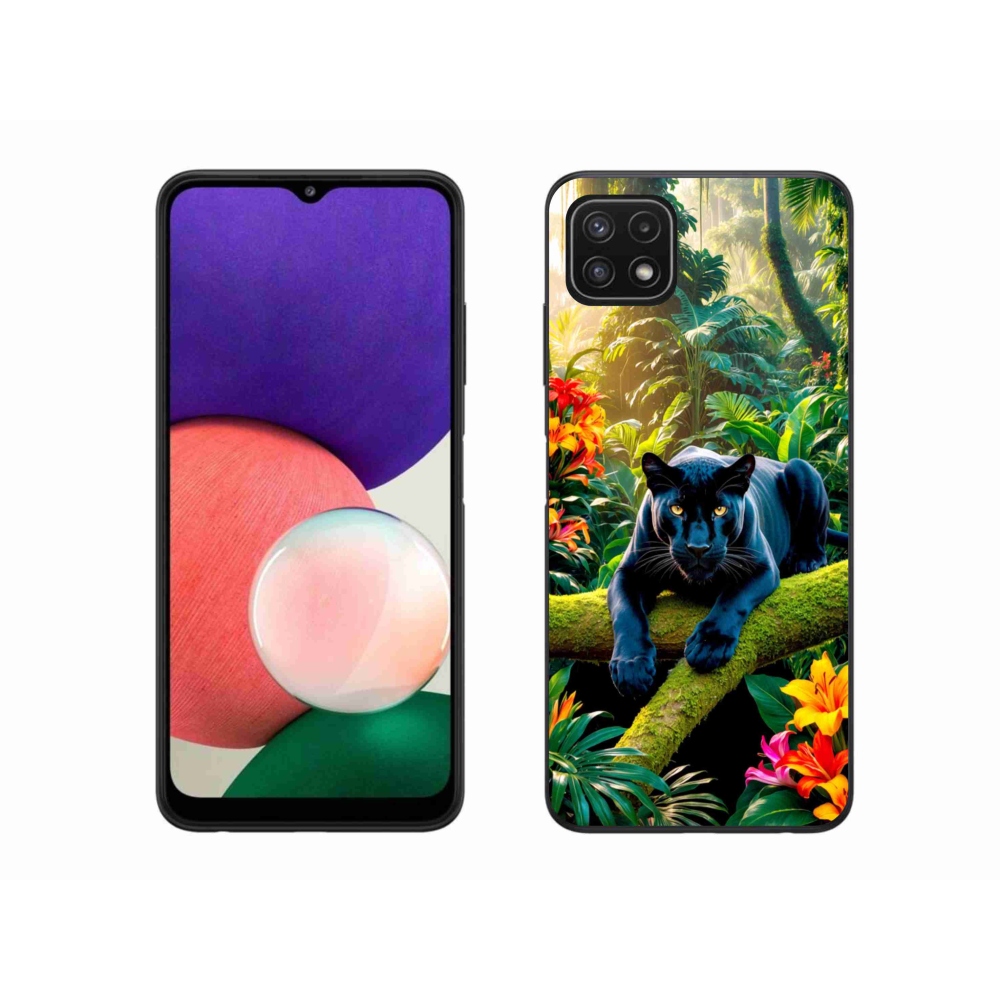 Gelový kryt mmCase na Samsung Galaxy A22 5G - černý panter v džungli