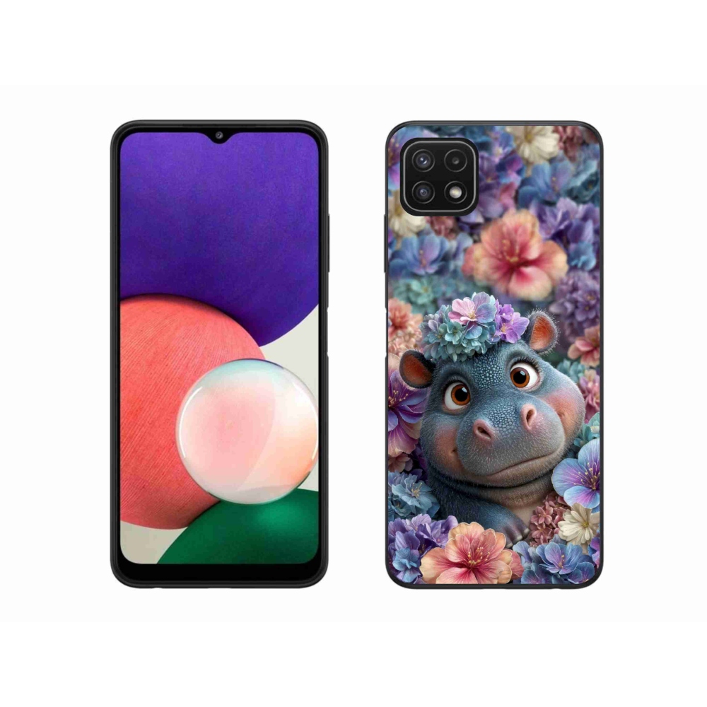 Gelový kryt mmCase na Samsung Galaxy A22 5G - hrošík v květinách
