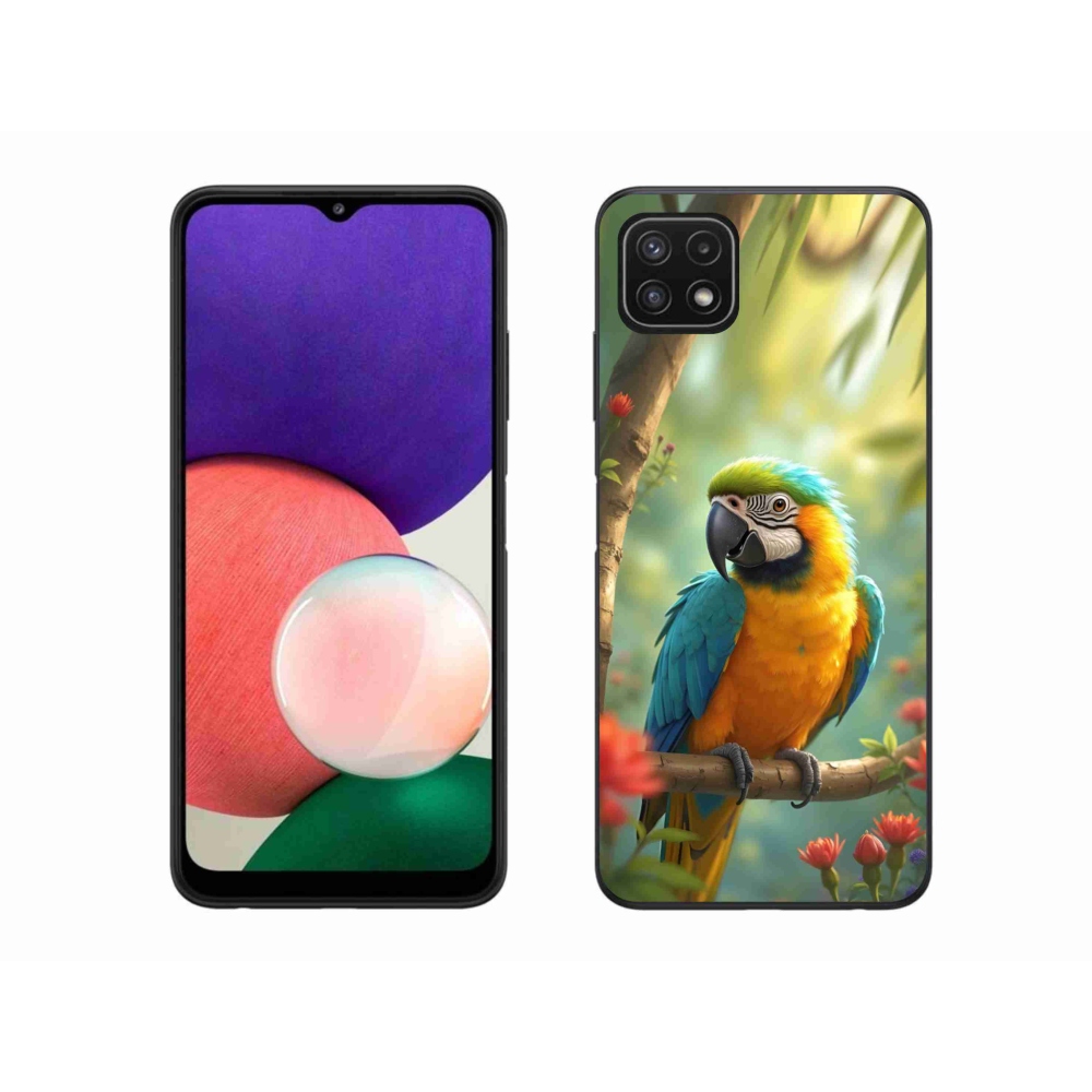 Gelový kryt mmCase na Samsung Galaxy A22 5G - papoušek ara modrožlutá