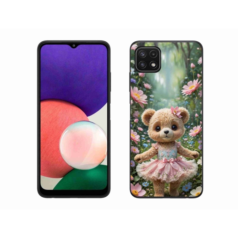 Gelový kryt mmCase na Samsung Galaxy A22 5G - roztomilý medvídek v květinách