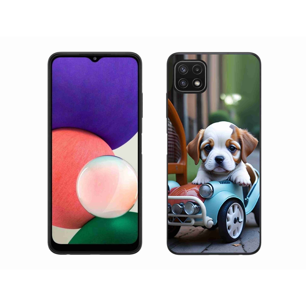 Gelový kryt mmCase na Samsung Galaxy A22 5G - štěně v retro autě