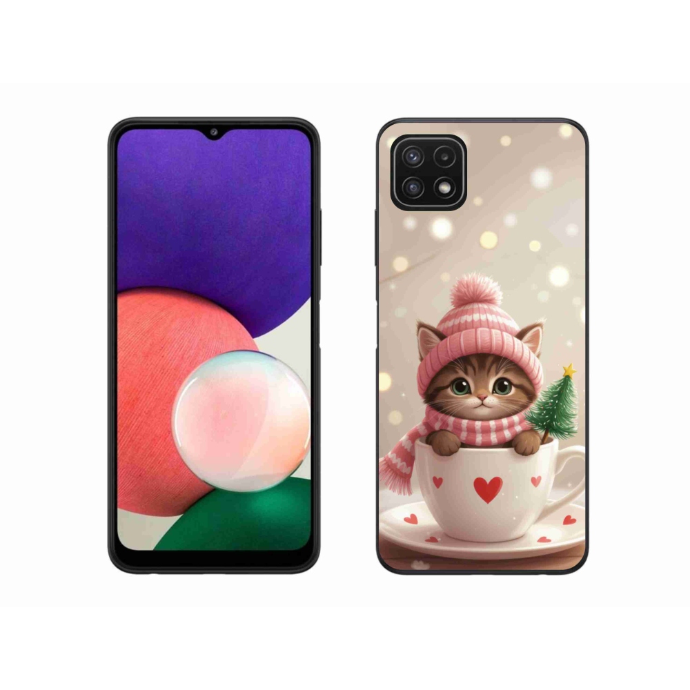 Gelový kryt mmCase na Samsung Galaxy A22 5G - vánoční kotě v hrnku