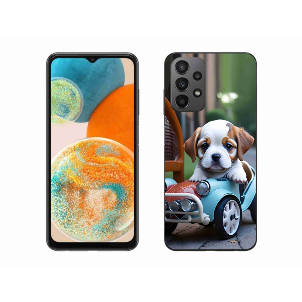 Gelový kryt mmCase na Samsung Galaxy A23 4G/5G - štěně v retro autě